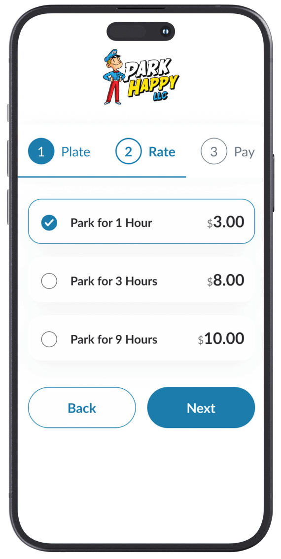 Park Happy app: choose your rate